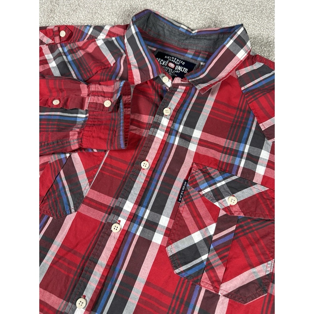 Ecko Unltd Shirt Adult XXL Red White Windowpane Plaid Casual Long Sleeve Mens 2X